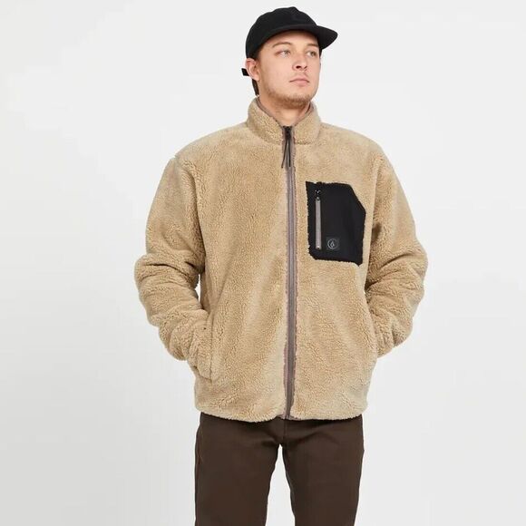 VOLCOM Mens Muzzer Fuzzar Fleece High Pile Zip-Up Jacket Size Medium Khaki Tan - Picture 1 of 8